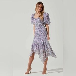 ASTR The Label Floral Short Puff Sleeve Asymmetrical Hem Midi Dress